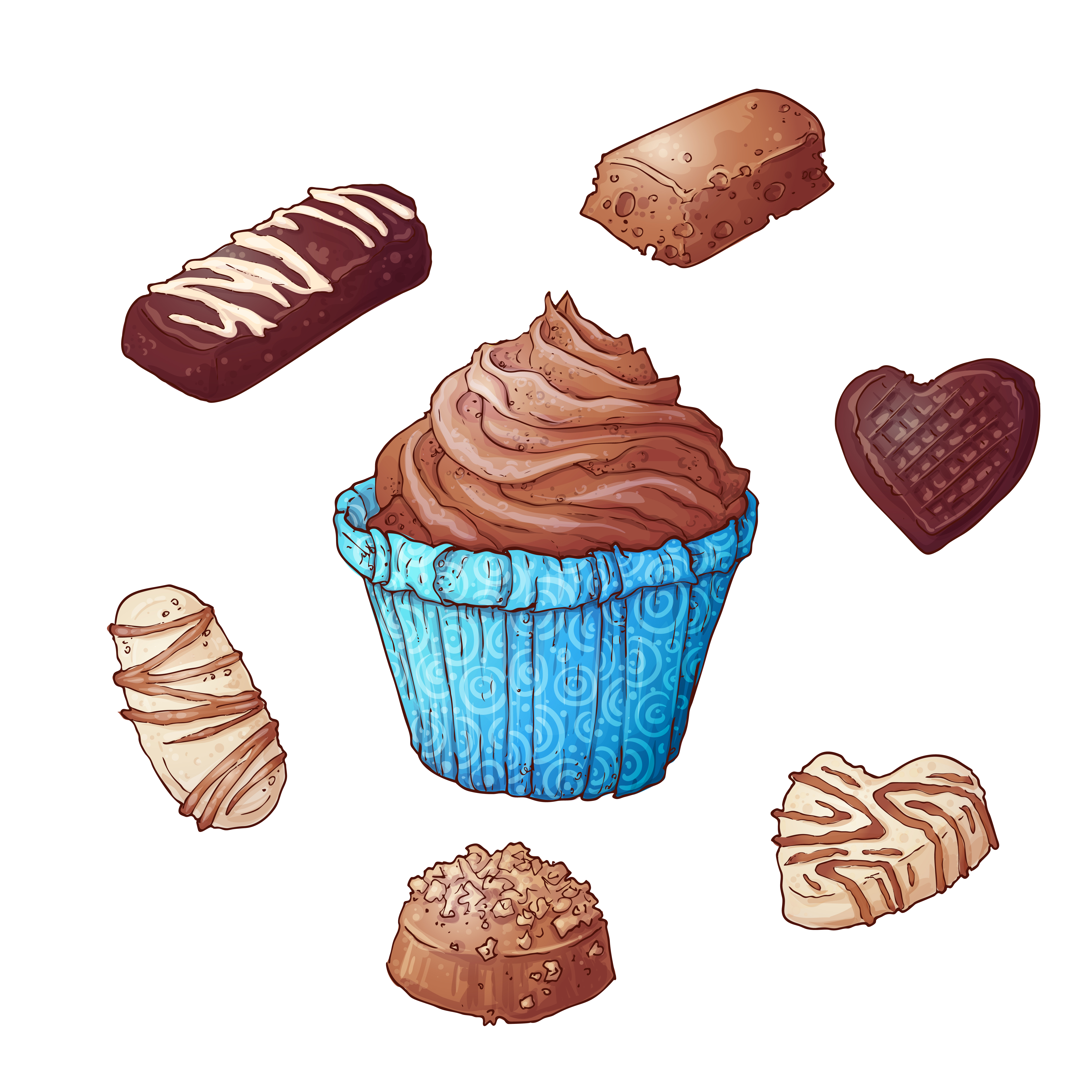 5001x5001 Set Of Cupcakes Chocolates, Hand Drawing Vector