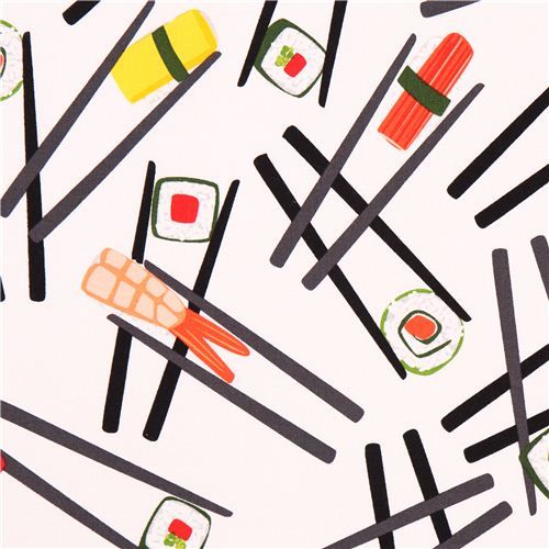 500x500 White Sushi Fabric Robert Kaufman Chopsticks Please