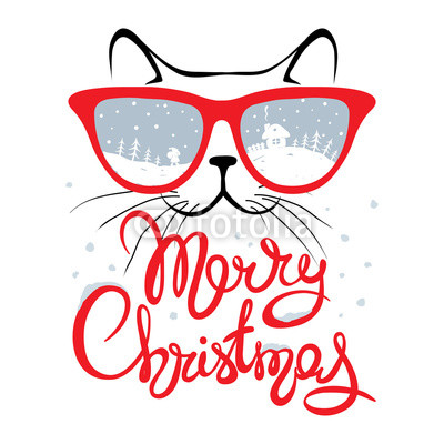 400x400 Christmas Card, Cat In Glassesfunny Christmas Hand Drawing