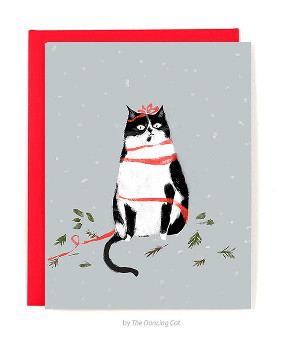 570x700 Seasons Greetings Christmas Cat Card Tuxedo Cat Etsy