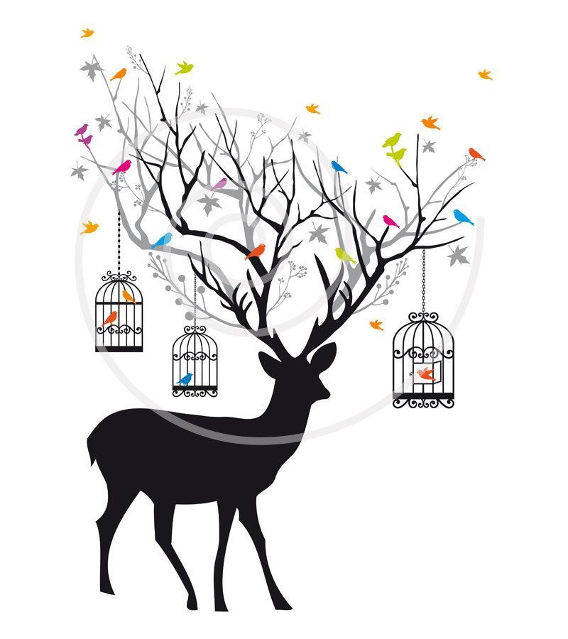 800x900 Deer With Tree Antlers, Birds And Birdcages, Reindeer