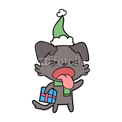 400x400 line drawing of a disgusted dog with christmas gift wearing santa