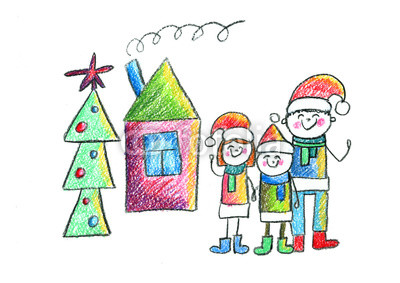400x283 Happy Family With House And Christmas Tree Kids Drawing Mother