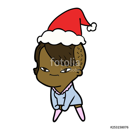 500x500 Cute Line Drawing Of A Girl With Hipster Haircut Wearing Santa Hat
