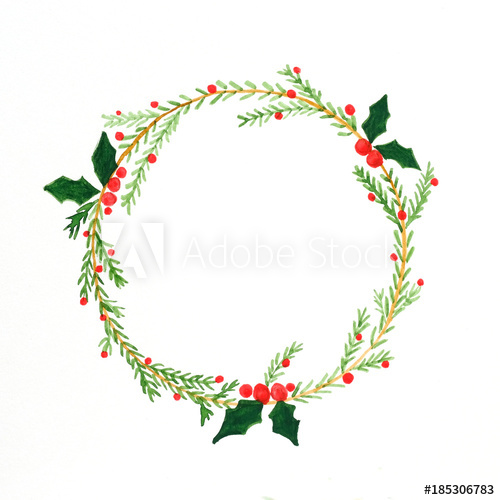 500x500 Christmas Wreath Watercolor Drawing On White Paper Background