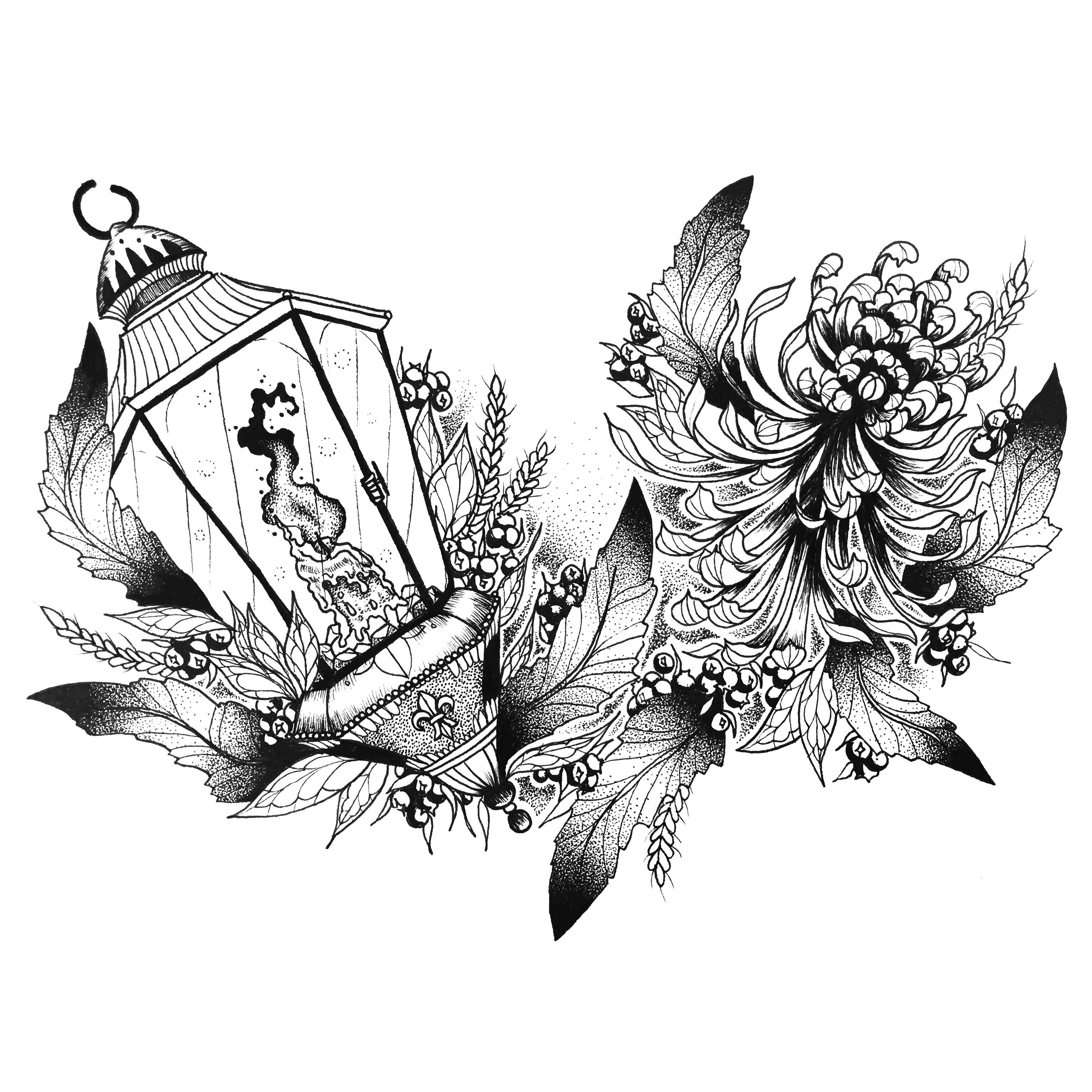 3057x3057 Lantern And Chrysanthemum, Ink Illustration