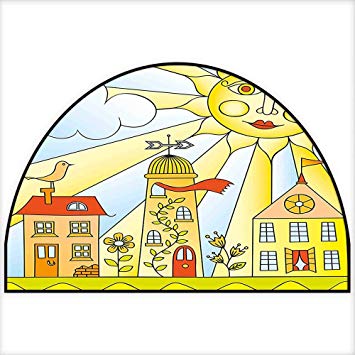 355x355 Half Round Non Slip Childlike Drawing Of City Under