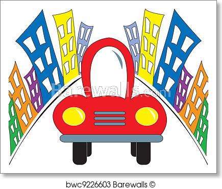 435x370 Red Car Leaving Colorful City, Art Print Barewalls Posters