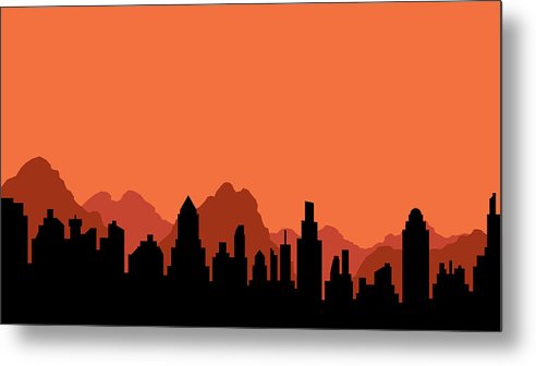 492x336 Silhouette Of City And Mountains Metal Print