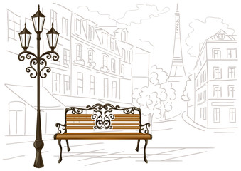 339x240 Bench, Street Clocks, Background Line Drawing City
