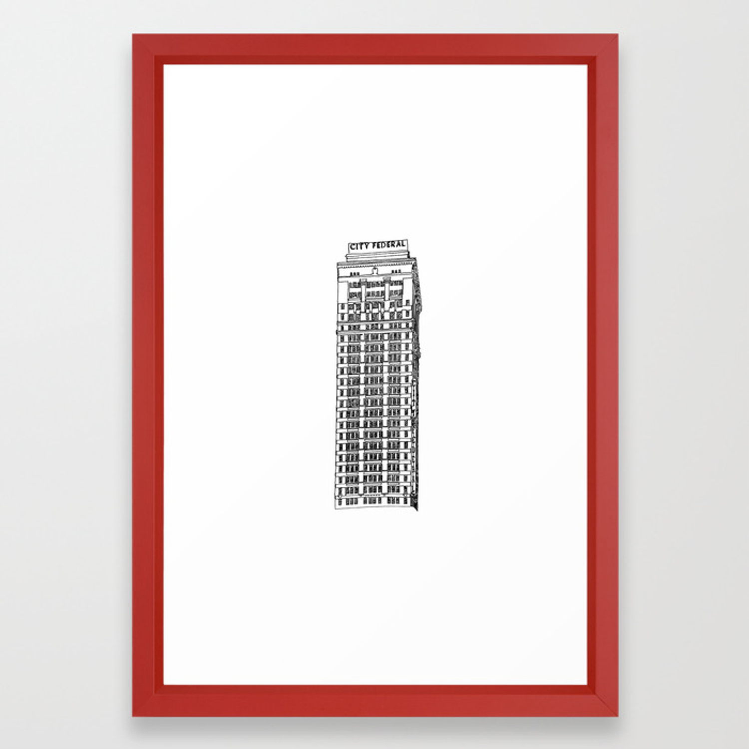 1500x1500 city federal building, birmingham al one line drawing framed art
