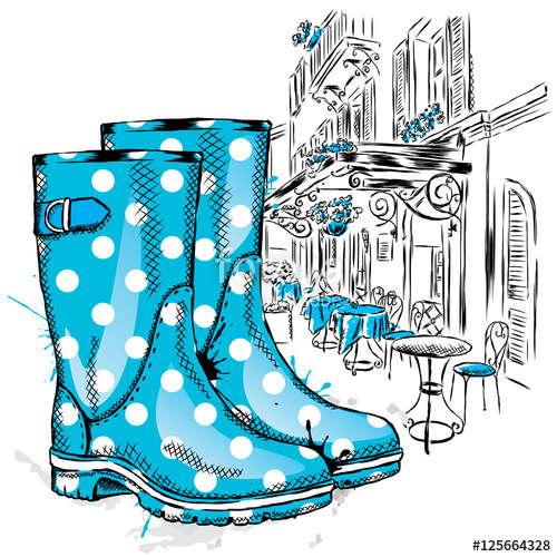 500x500 Rubber Boots On A Background Of A City Street Vector Illustration