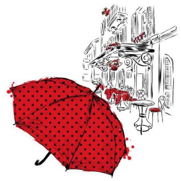 700x700 Umbrella With Polka Dots On A City Street Vector Illustration