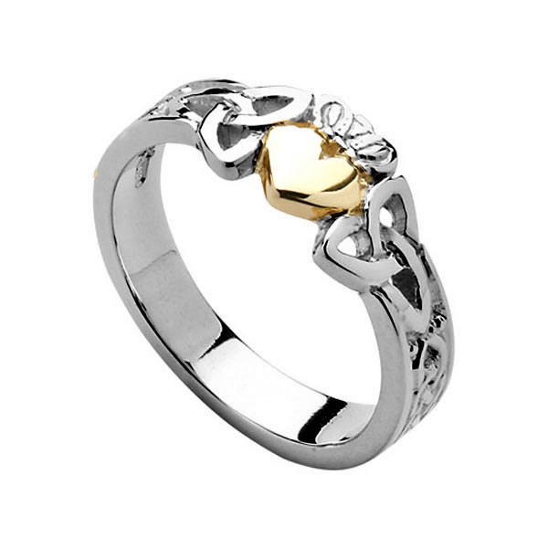 600x600 Sterling Silver Gold Heart Ladies Trinity Knot Claddagh Ring
