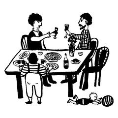 240x240 Drawing Of A Chef In A Cap Giving Food To A Girl Client, Sketch