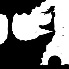 240x240 Outine Drawing Girl Standing On The Edge Of The Cliff An Looking