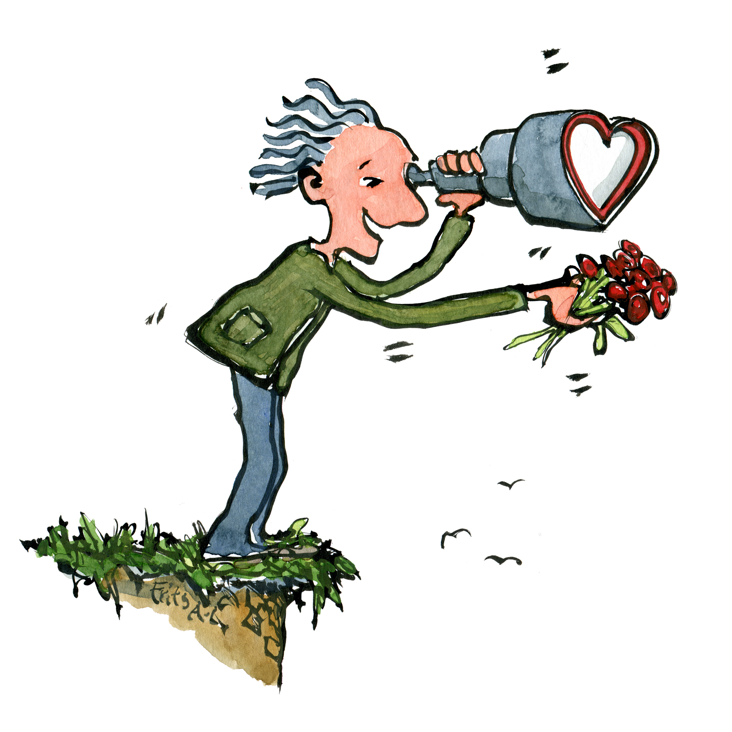 1500x1500 Long Distance Love Man On Edge With Flowers And Binoculars