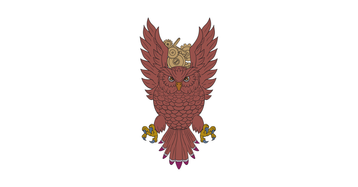 1200x630 owl wings spread swooping clock gears drawing