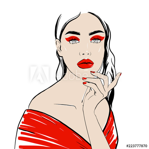 500x500 Chic Girl, Woman Face In Red Clothes With Red Makeup And Lips Hand