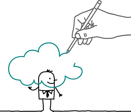 449x383 Drawing Big Hand And Cartoon Businessman In The Cloud Premium