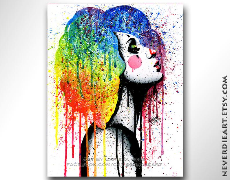 794x621 Masked Sad Clown Girl Pop Art Rainbow Splatter Portrait Etsy