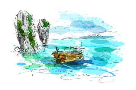 450x300 Colored Hand Drawing Thai Coast Vector Illustration Royalty Free