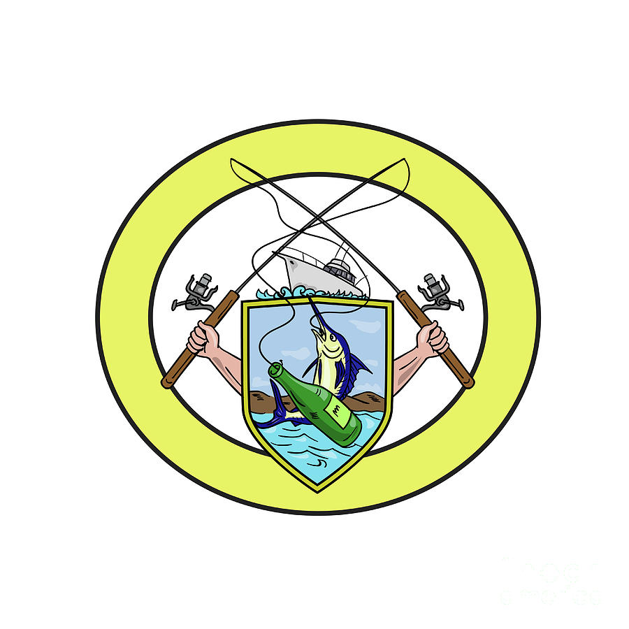 900x900 Fishing Rod Reel Blue Marlin Beer Bottle Coat Of Arms Oval