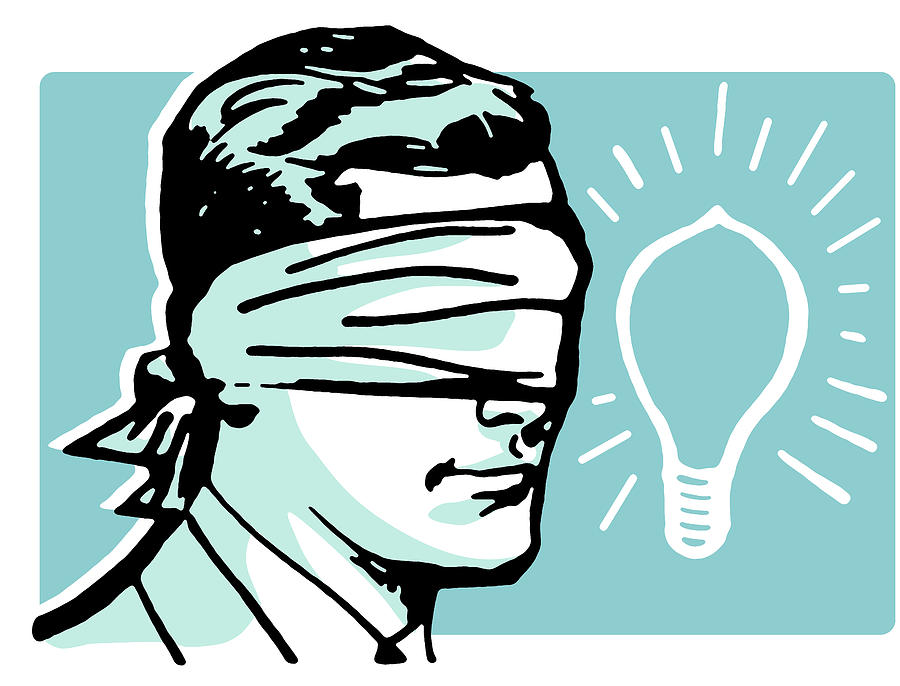 900x686 drawing illustration of a blindfolded man and an illuminated light