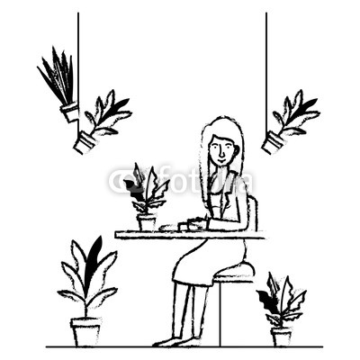 400x400 Woman In The Table Drinking Coffee With House Plants Vector