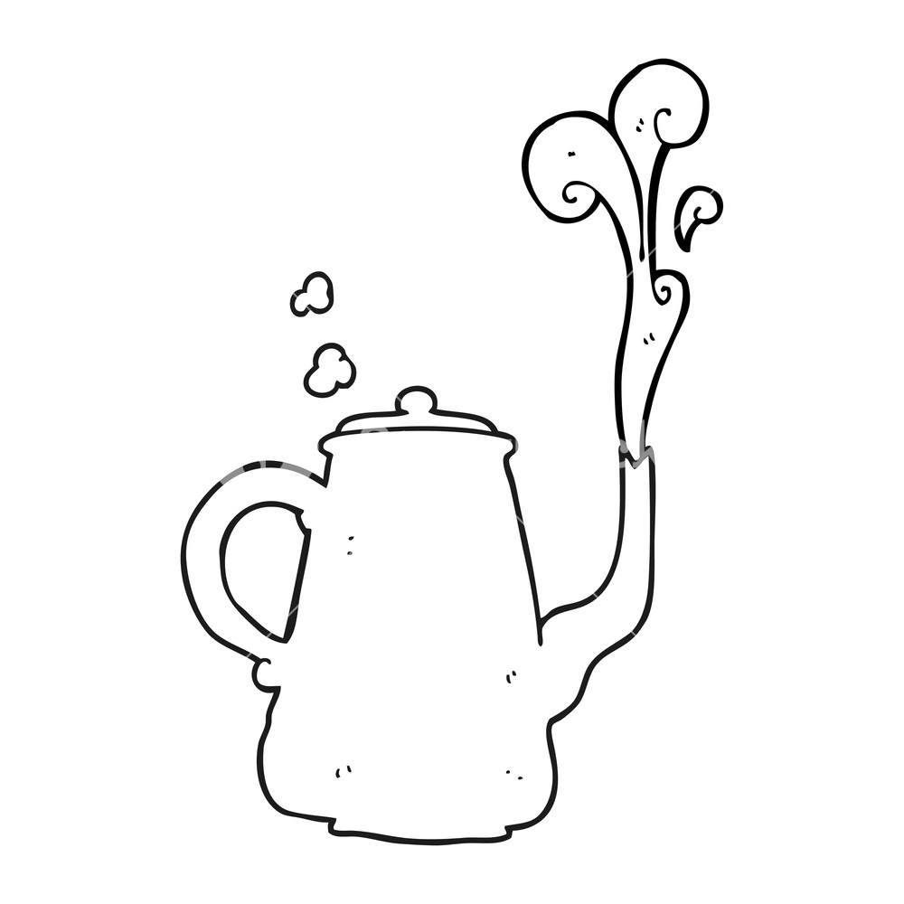 1000x1000 Freehand Drawn Black And White Cartoon Steaming Coffee Pot Royalty