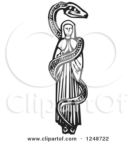 450x470 Clipart Of A Black And White Woodcut Snake Coiled Around Mary