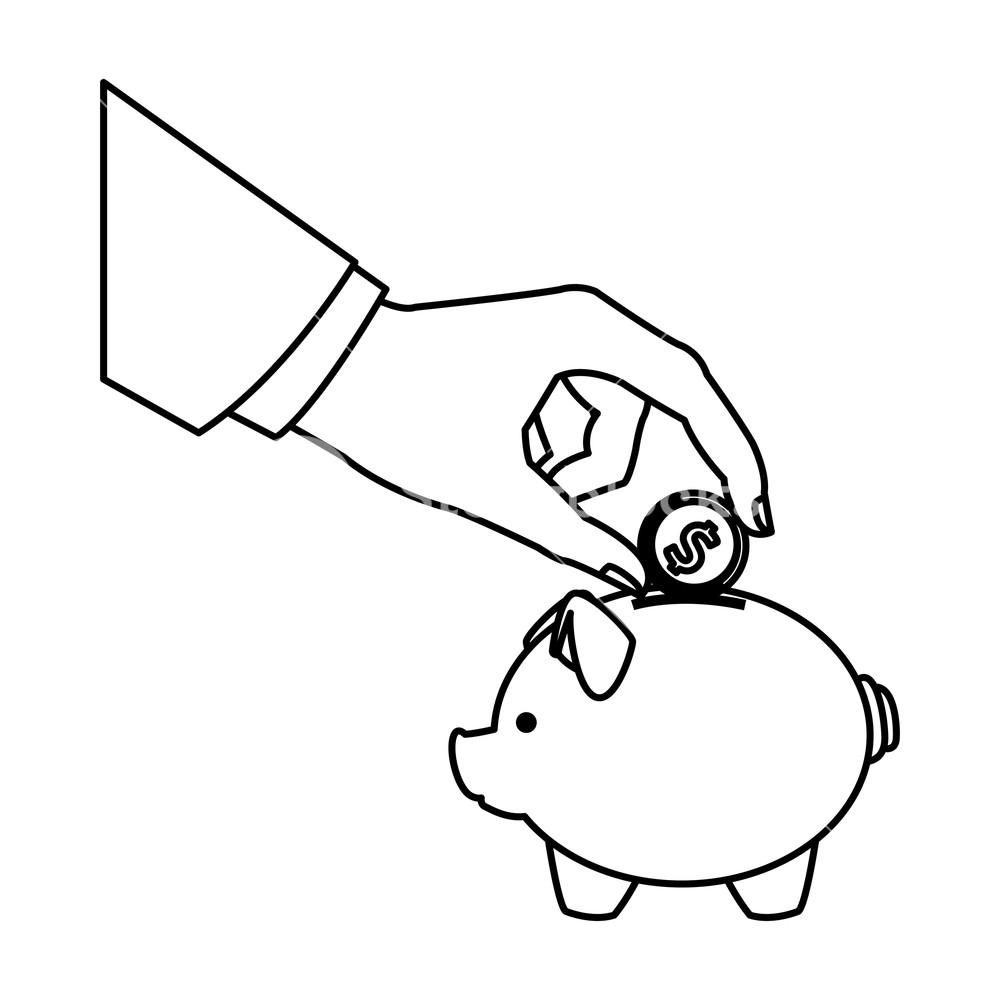 1000x1000 Piggy Saving Hand Put In Coin Drawing In White Background Vector