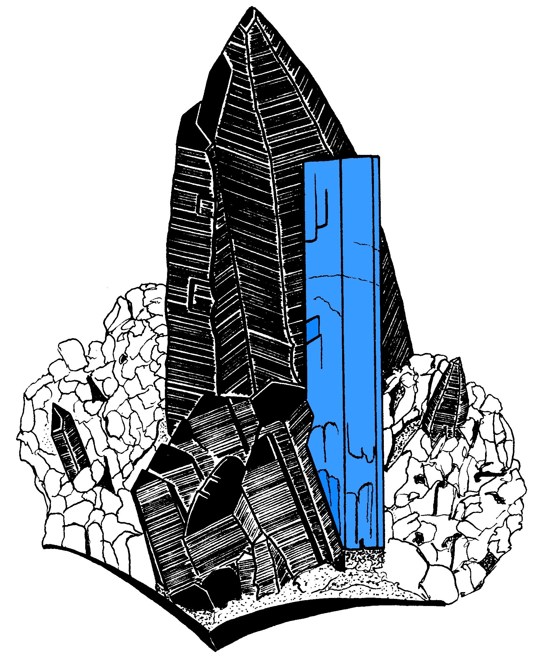 1765x2165 aquamarine and smoky quartz, colorado mineral crystal drawings