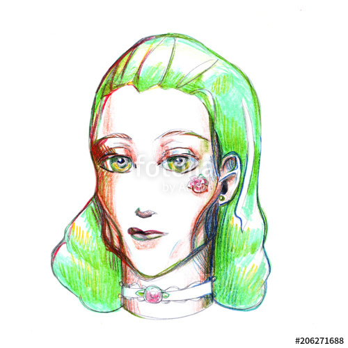 500x500 Portrait Girl With Green Hair Drawing Picture Illustration Colored