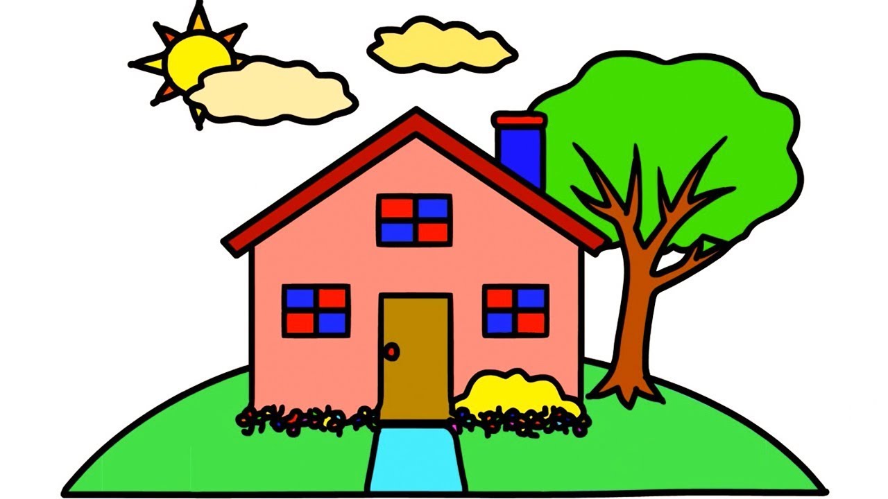 1280x720 house sun tree drawing coloring learn for kids easily step