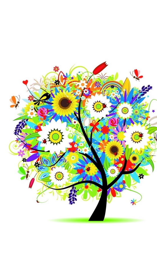 540x960 Download Wallpaper Trees, Flowers, Colorful, Drawing