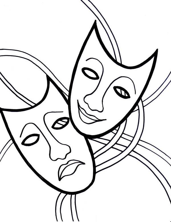 600x776 The Comedy Tragedy Mask On Mardi Gras Coloring Page