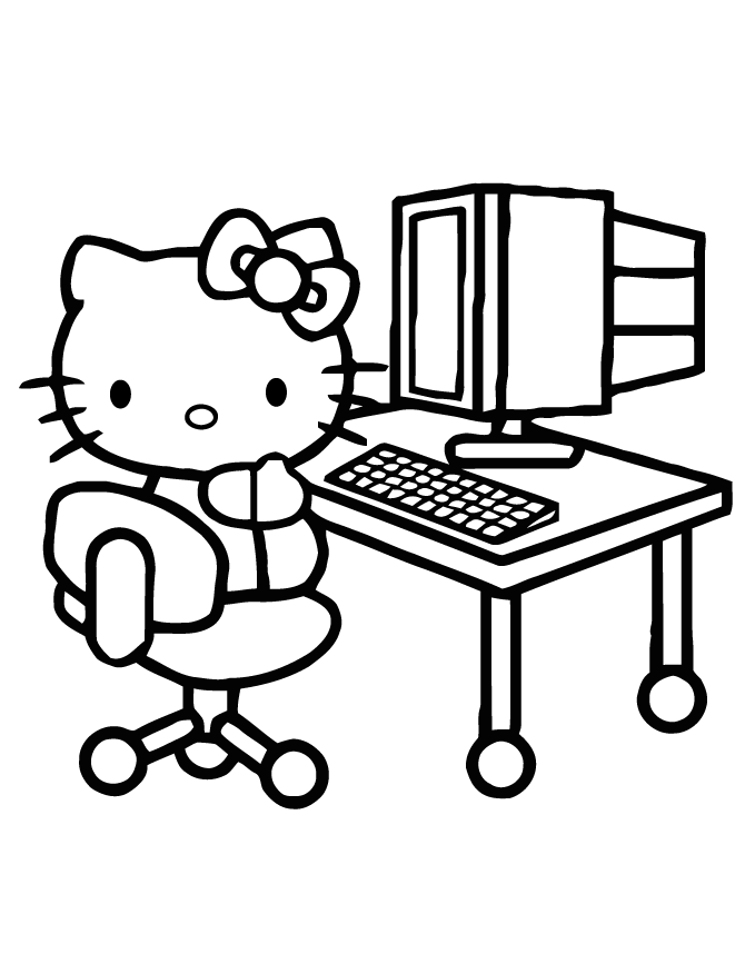 670x867 Hello Kitty In Front Of Computer Coloring