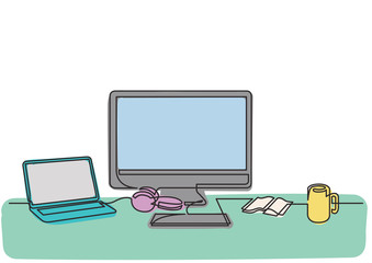 339x240 Continuous Line Drawing Of Desktop Computer Laptop And Mug
