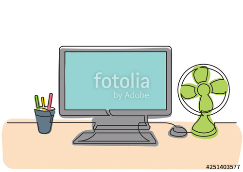 500x354 Continuous Line Drawing Of Work Desk With Computer And Cooling Fan