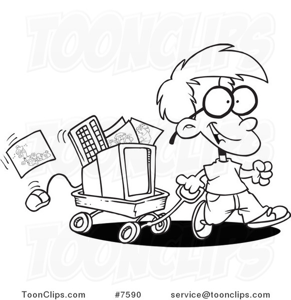 581x600 cartoon black and white line drawing of a geeky boy moving his