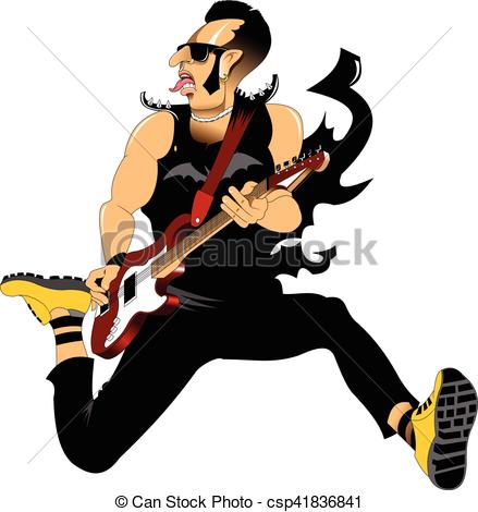 439x470 rocker rock musician with a guitar jumping on stage, vector
