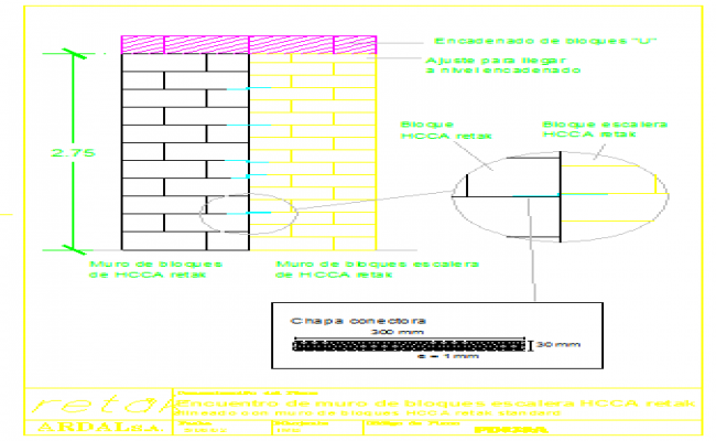650x400 connection wall of concrete blocks with stairway design drawing