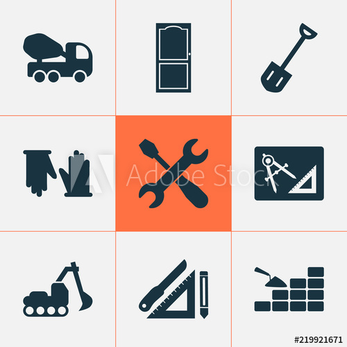 500x500 Industrial Icons Set With Concrete Mixer, Drawing With Adaption