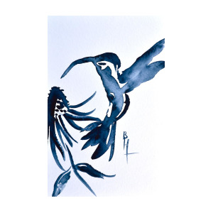 300x300 hummingbird and coneflower sumi e painting