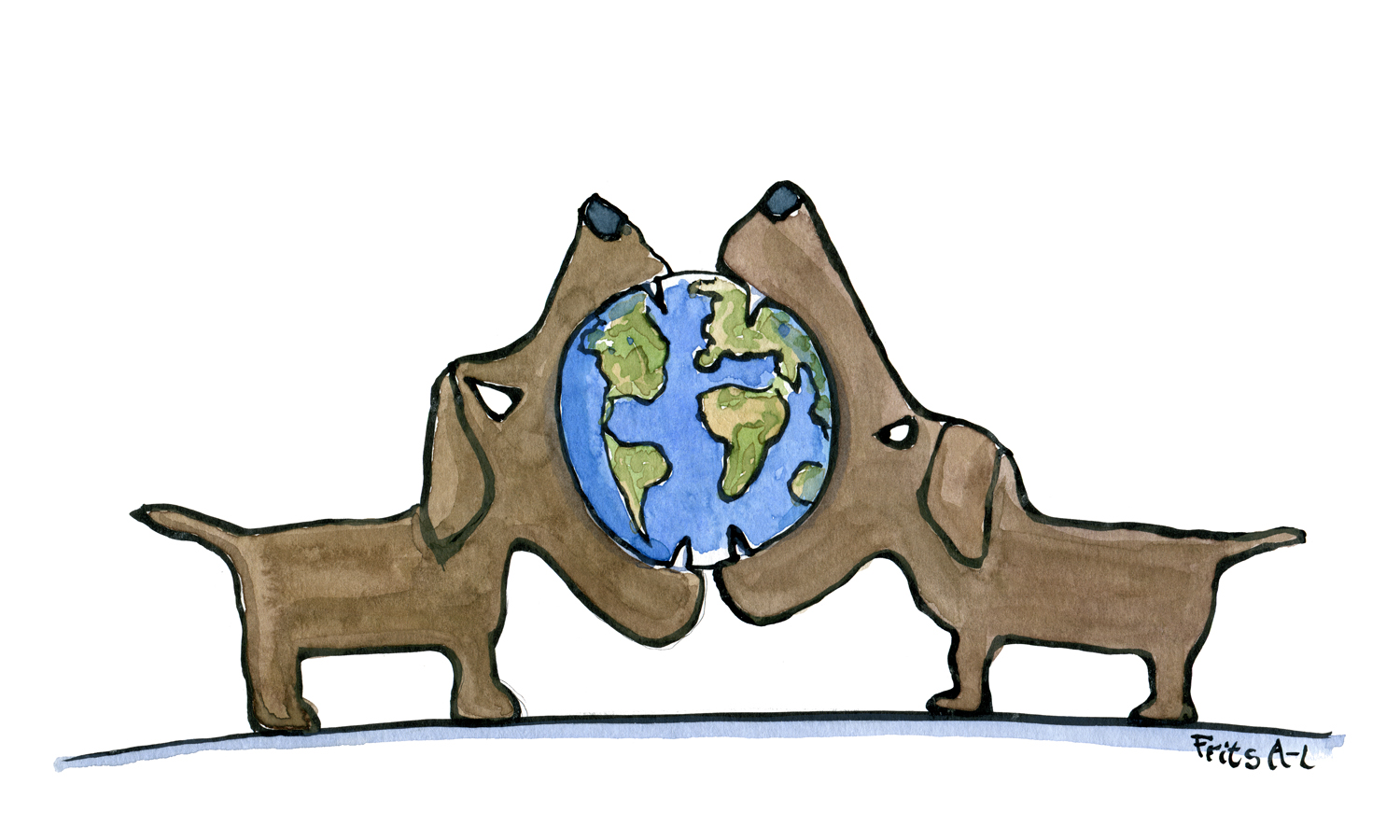 1500x900 Two Dogs Biting In Conflict Over Planet Earth Ball Drawing