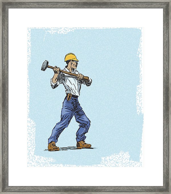 600x679 construction worker with sledge hammer and hard hat framed print