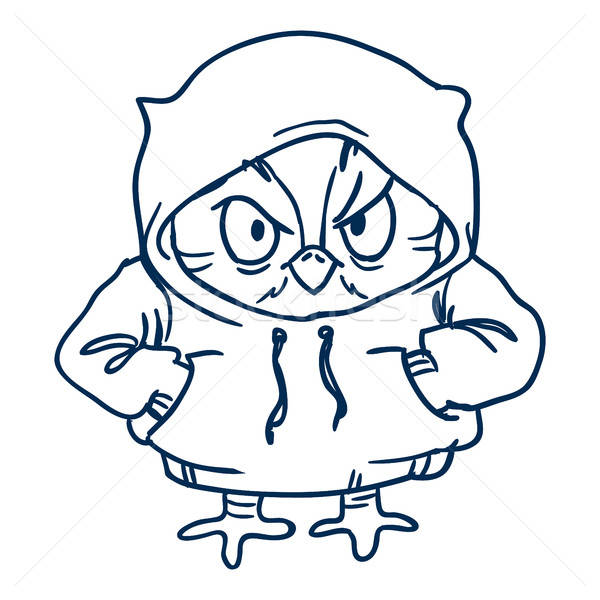 600x600 Owl In Blue Hoodie Line Draw, Hand Drawn Contour On A White Vector