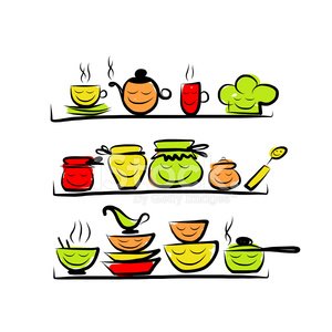 300x300 kitchen utensils characters on shelves, sketch drawing for your