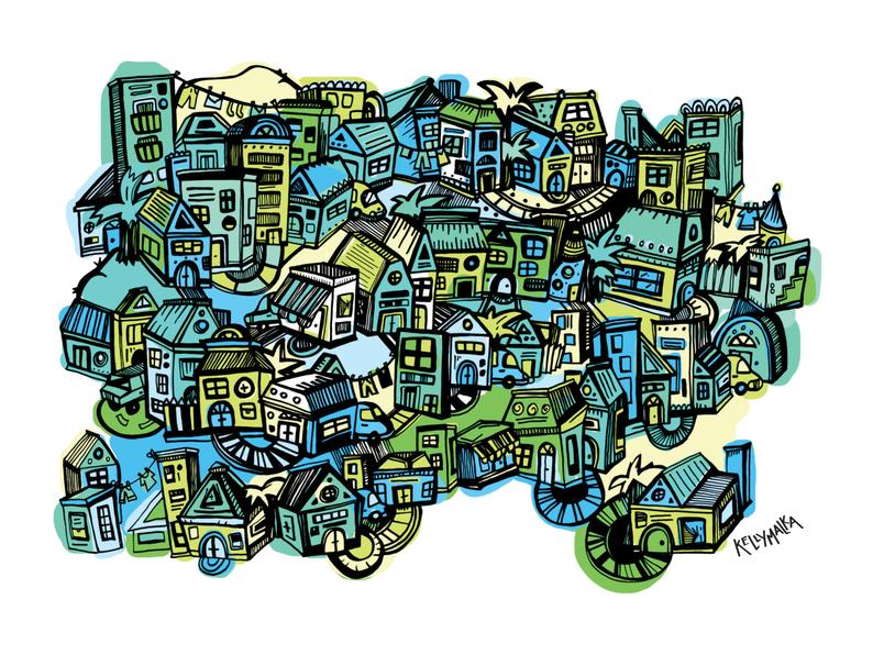 794x596 Tiny Town Blues Illustrated Print Blue And Green Art House Etsy